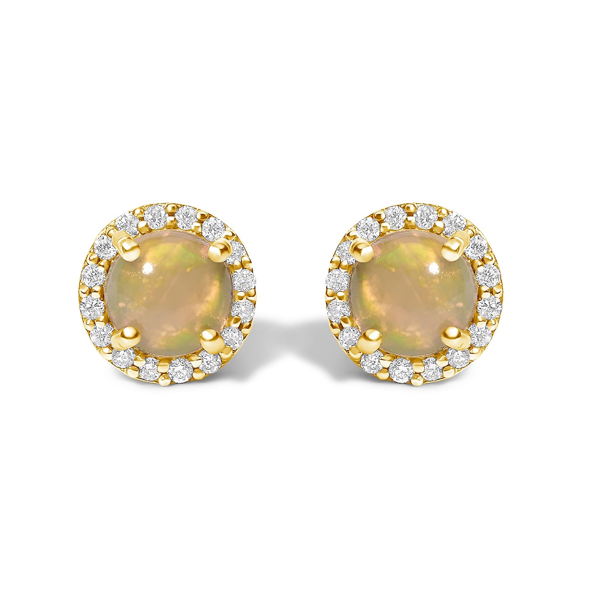 Close-up front view of round yellow metal stud earrings featuring a central round multi-color opal gemstone surrounded by a halo of small round white gemstones in shared prong settings, shown on a white background.