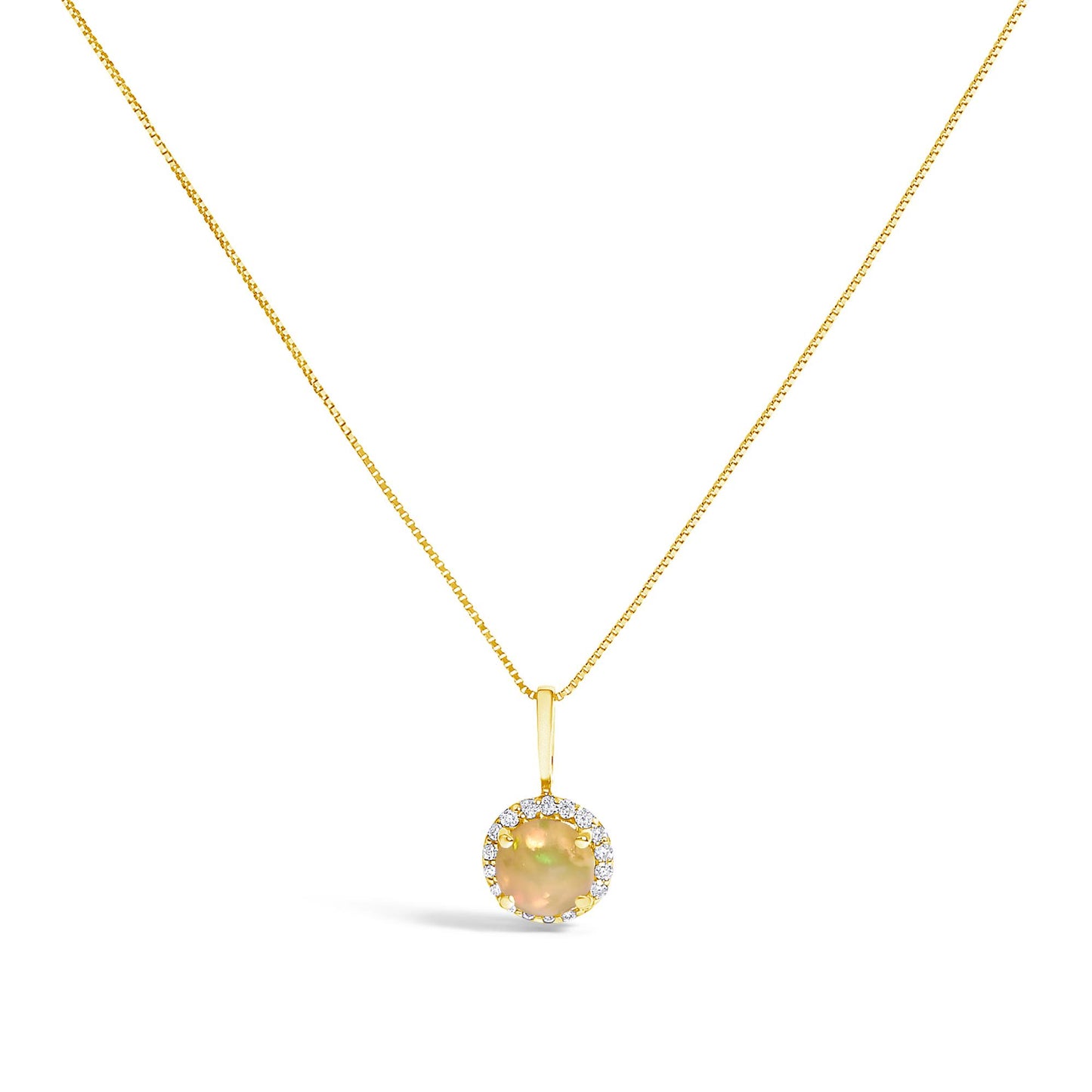 Front-facing close-up of a yellow metal necklace with a round multi-color opal gemstone pendant surrounded by small round white gemstones in a shared prong setting.