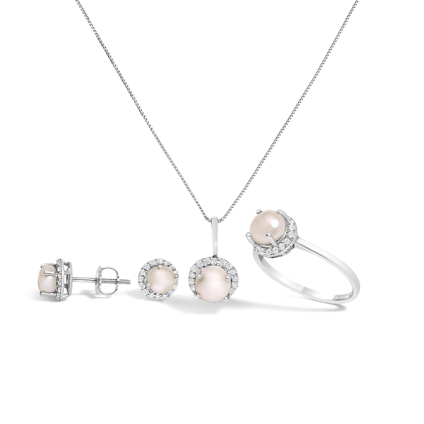 Set of white metal jewelry including a ring, a pendant necklace, and a pair of stud earrings, each featuring a central round light pink gemstone surrounded by a halo of small white gemstones, shown from a front and side angle on a white background.