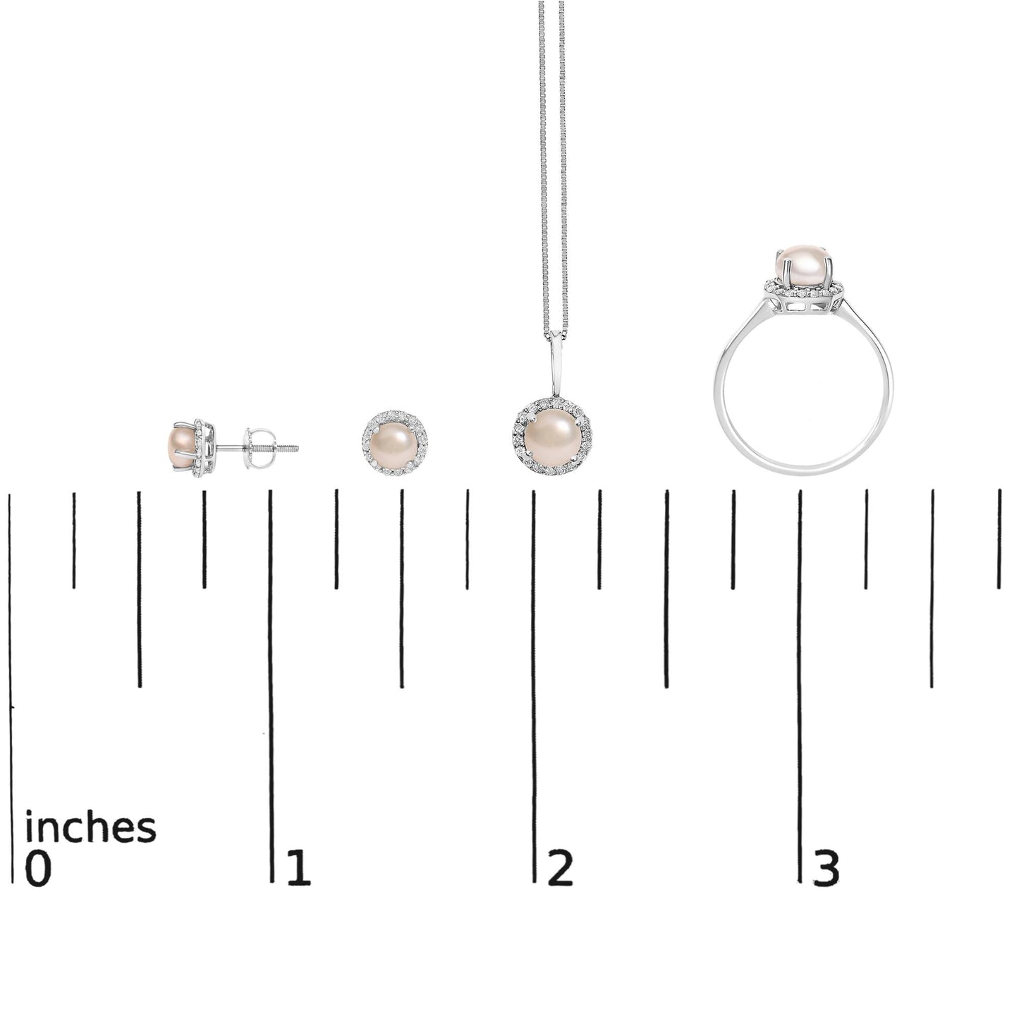 Jewelry set shown on a scale, including round stud earrings, a round pendant necklace, and a ring, all featuring central round light-colored gemstones surrounded by small white gemstones in shared prong settings, displayed from a front and side angle.