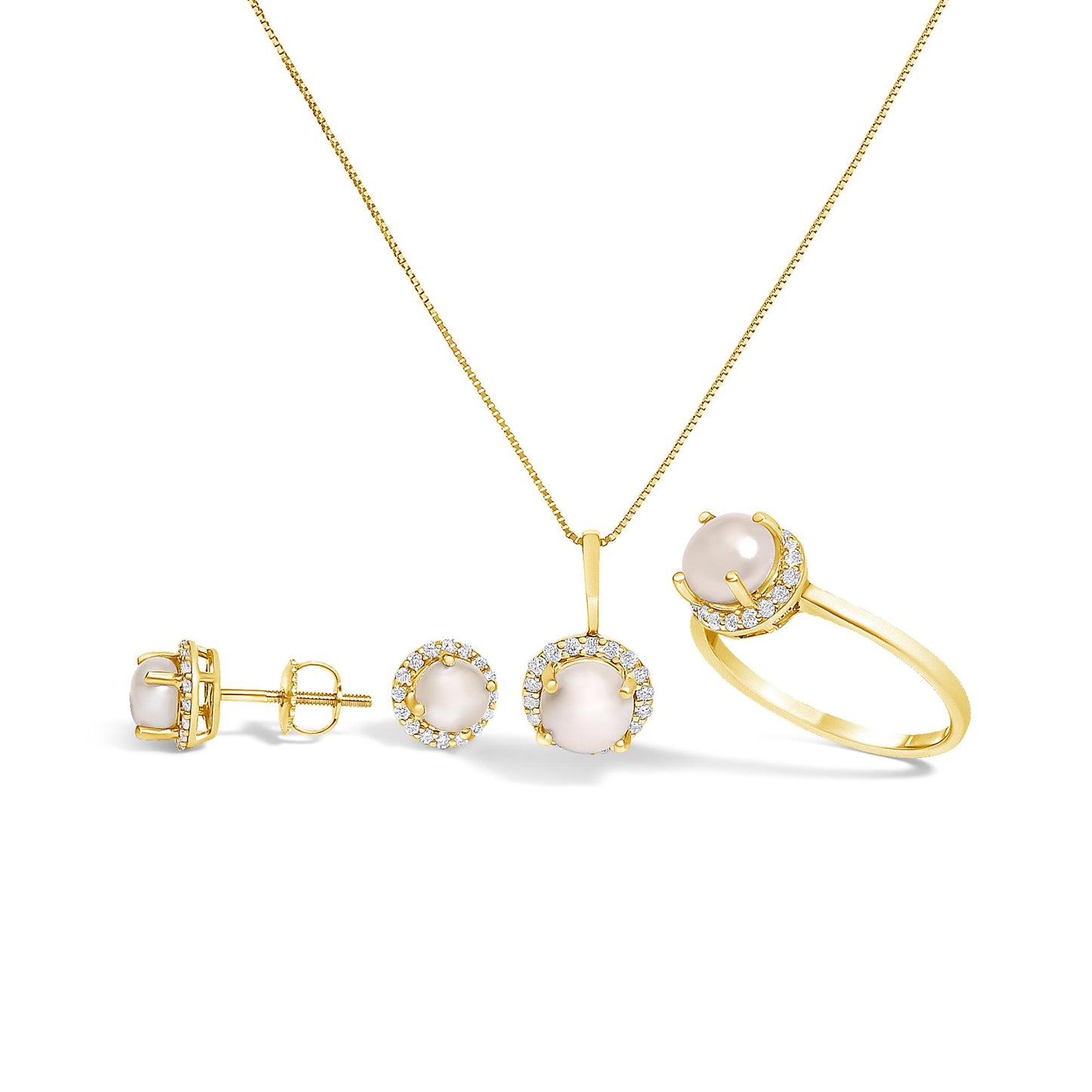 Set of yellow metal jewelry including a pair of stud earrings, a pendant necklace, and a ring, each featuring a central round white gemstone surrounded by smaller white gemstones, shown from a front angle on a white background.