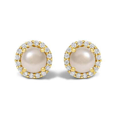 Pair of round stud earrings set with a central pearl-like gemstone surrounded by a halo of white round gemstones in shared prong settings, shown against a white background from a front angle.