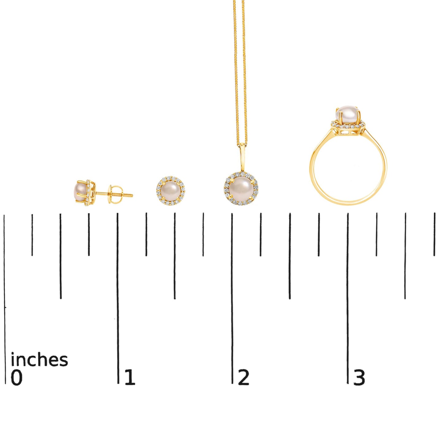 Set of yellow metal jewelry including round stud earrings, a pendant on a thin chain, and a ring, all featuring central white pearls surrounded by white round gemstones in shared prong settings, shown from a side and front angle on a measuring scale.