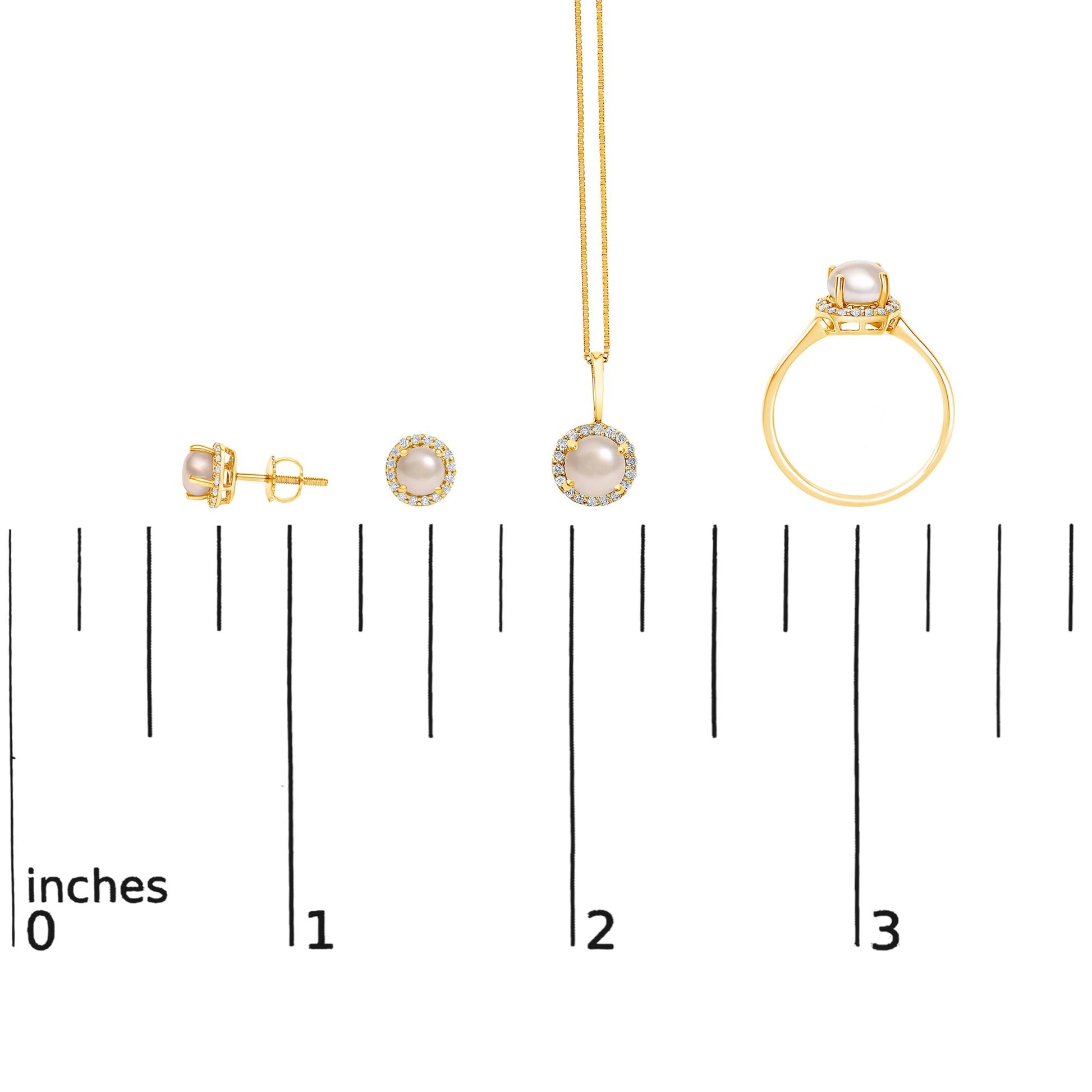 Set of yellow metal jewelry including round stud earrings, a pendant on a thin chain, and a ring, all featuring central white pearls surrounded by white round gemstones in shared prong settings, shown from a side and front angle on a measuring scale.
