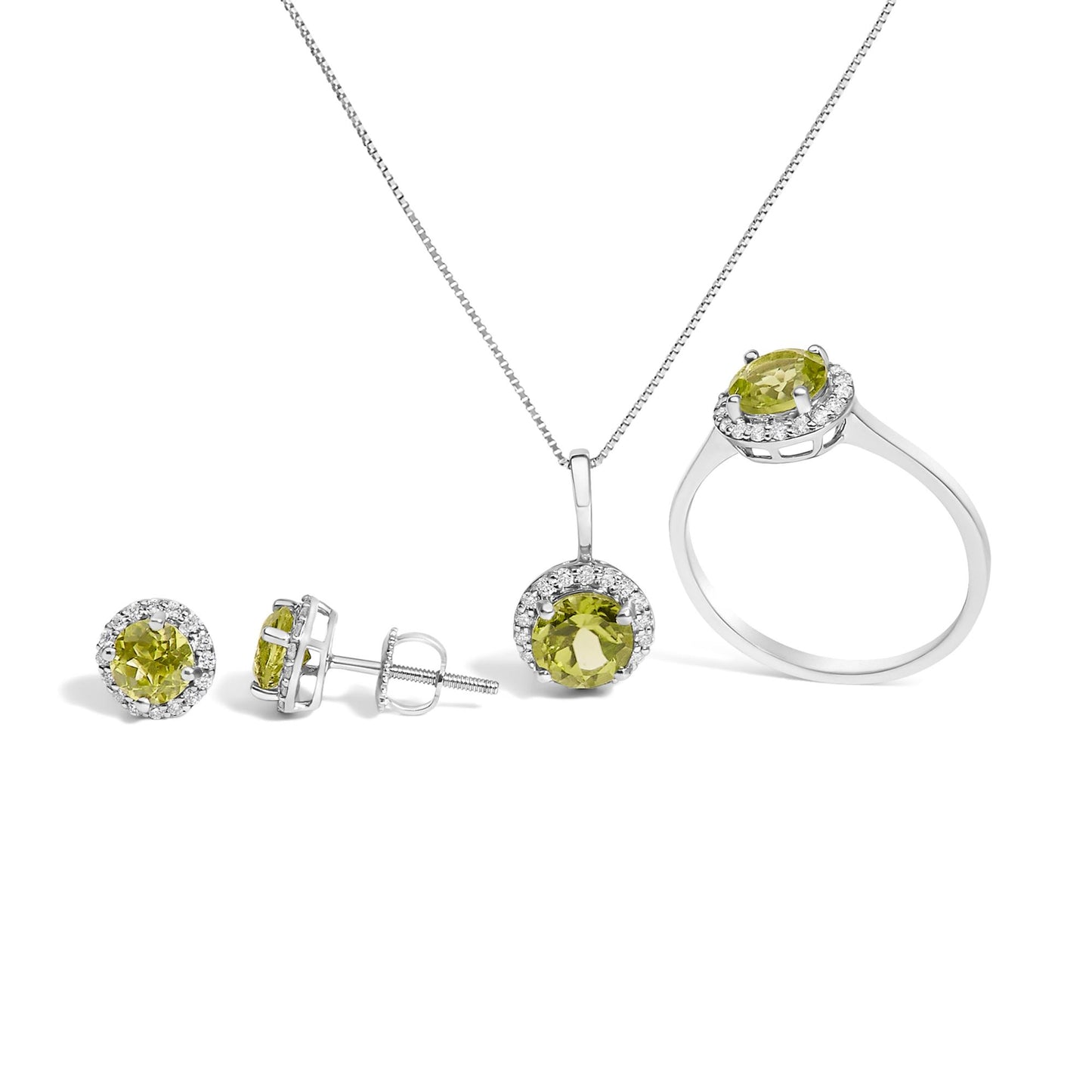 Front and side view of a white metal jewelry set including a ring, pendant necklace, and pair of stud earrings, each featuring a round green gemstone surrounded by small round white gemstones, shown against a white background.