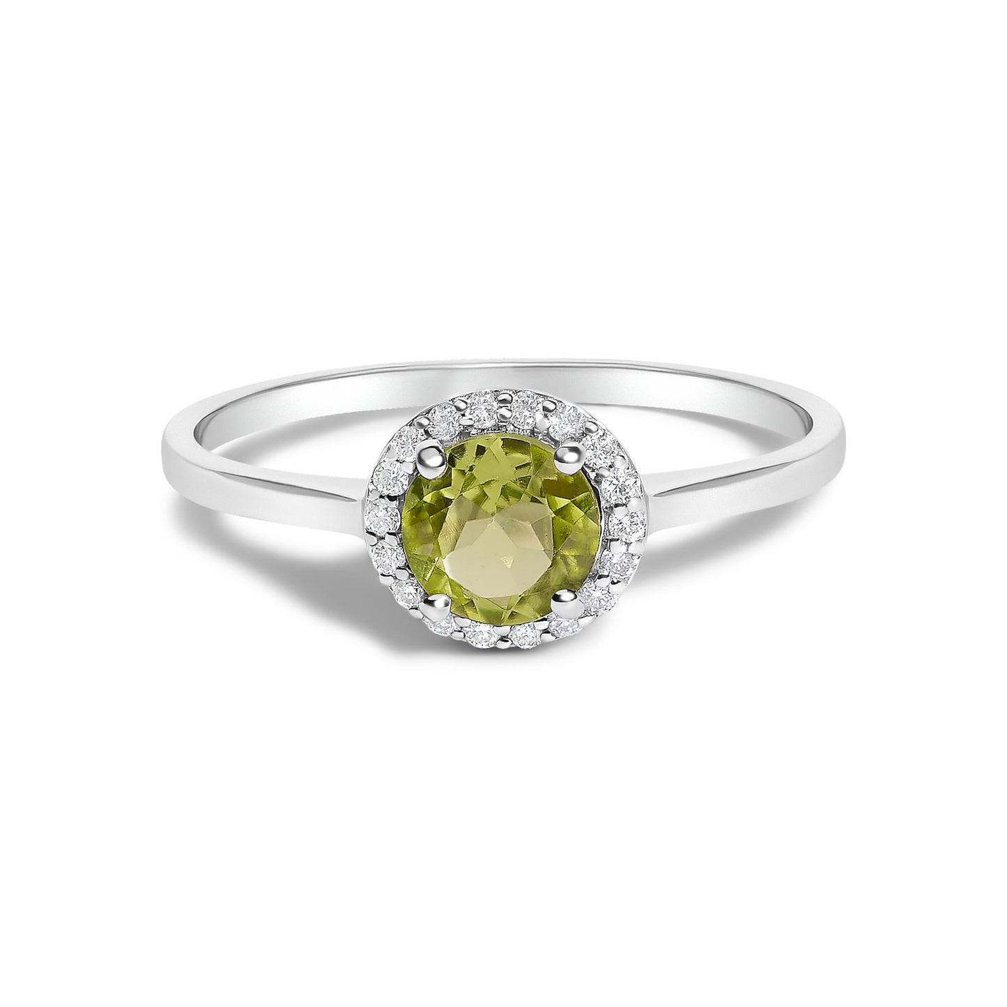 Close-up front angle of a white metal ring featuring a round green gemstone in a four-prong setting, surrounded by small round white gemstones in a shared prong setting.