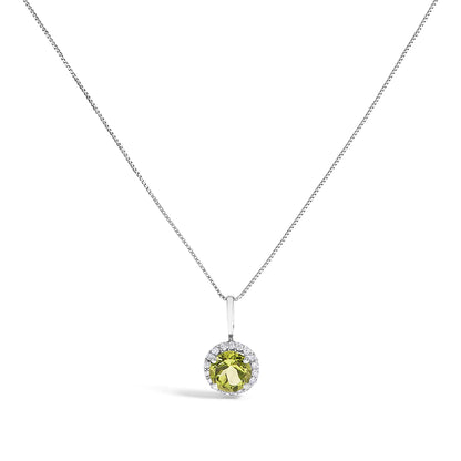 White metal necklace set with a round green gemstone pendant surrounded by small white gemstones, shown in a front-facing view on a white background.