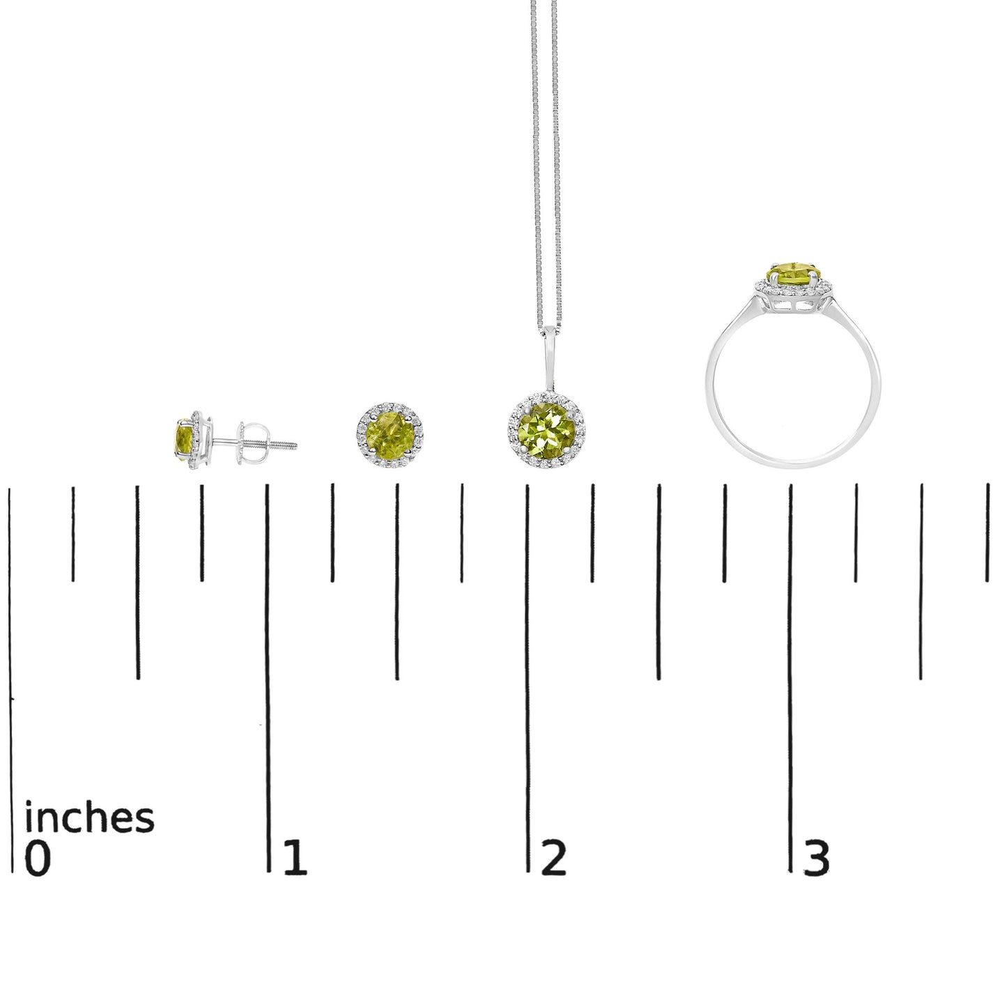 Jewelry set with earrings, pendant, and ring featuring round green gemstones surrounded by round white gemstones, shown on a scale from side and front angles.