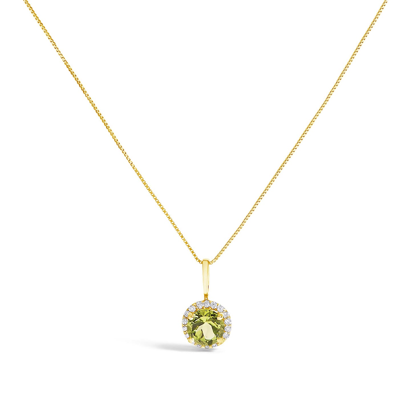 Front view of a yellow metal necklace set featuring a round green gemstone pendant surrounded by small white gemstones in shared prong settings.