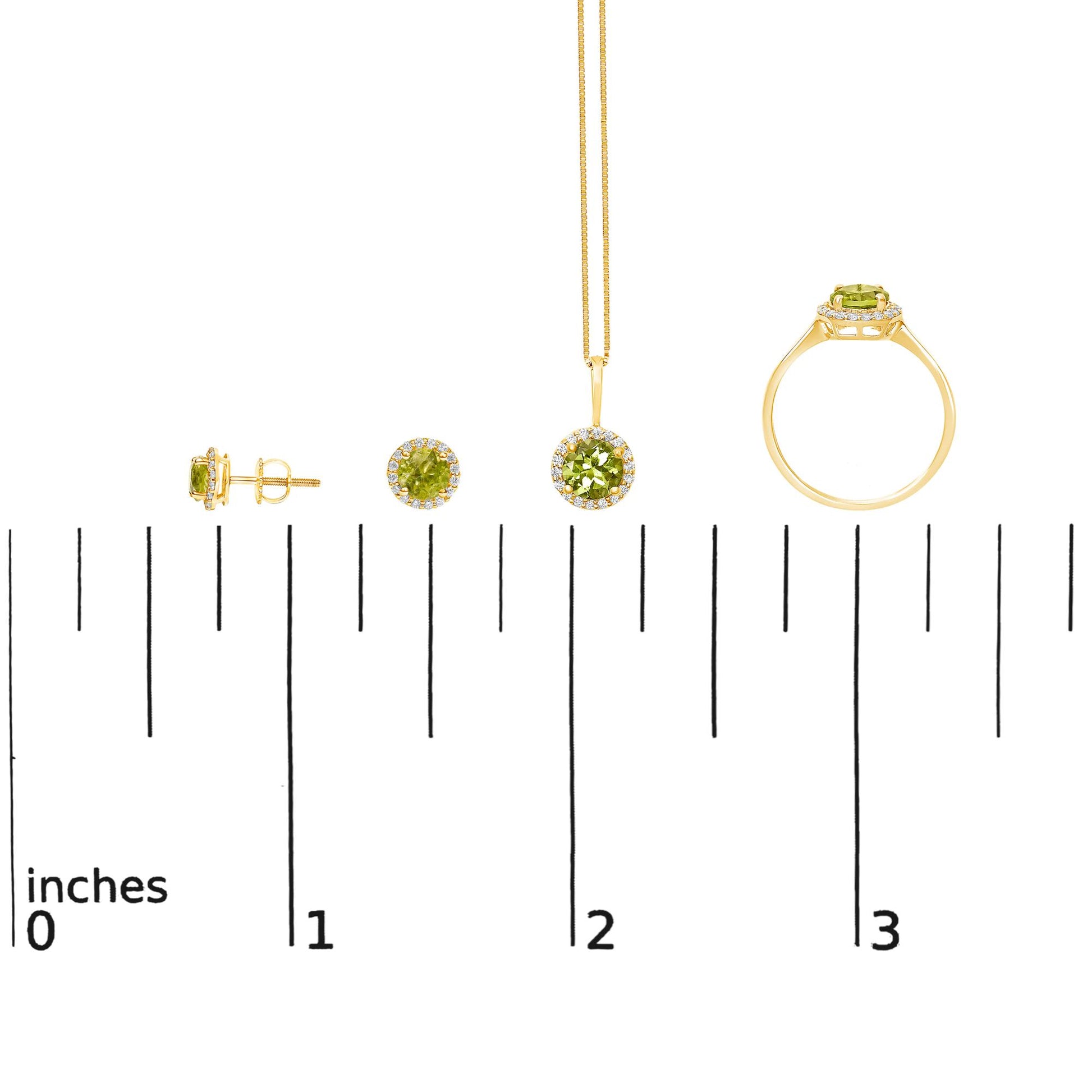 Jewelry set shown on a scale, consisting of yellow metal earrings, a pendant necklace, and a ring, each featuring a round green gemstone surrounded by small round white gemstones in shared prong settings, shown from front and side angles.