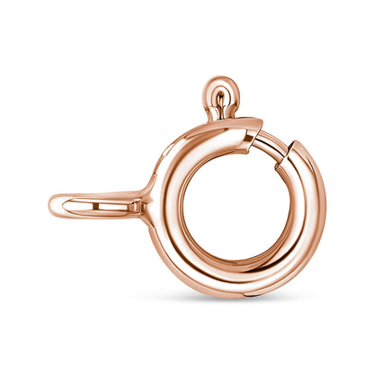 Close-up front angle of a rose-colored necklace clasp with a circular spring ring design.