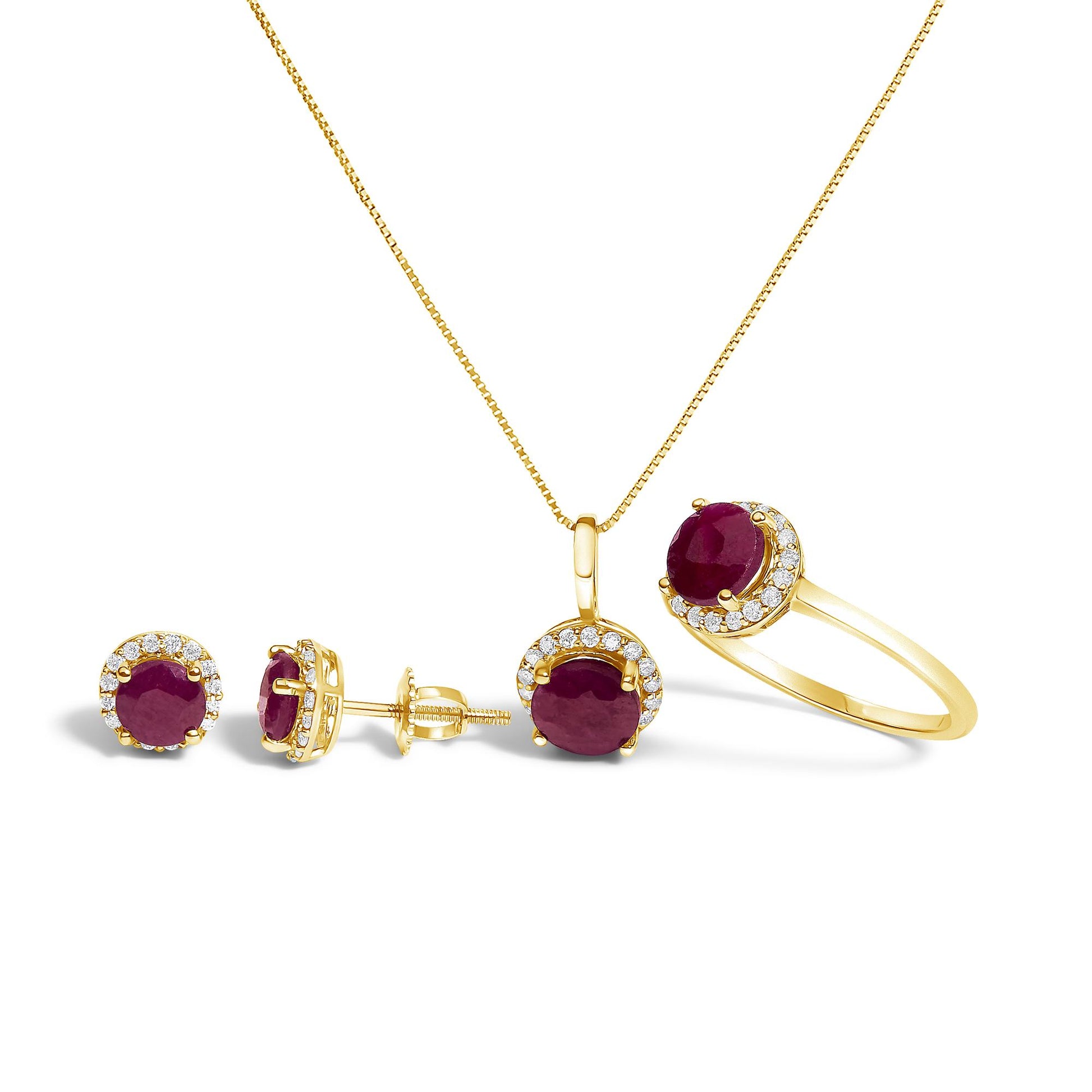 Set of yellow jewelry shown on a white background, including a necklace with a round red gemstone pendant surrounded by small white gemstones, matching stud earrings with the same design shown from the front and side angles, and a ring with a round red gemstone encircled by small white gemstones, photographed at a slight angle.