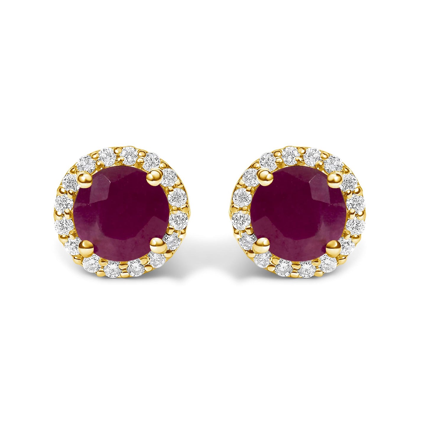 Front-view of round stud earrings featuring a central red gemstone surrounded by a halo of small white gemstones, set in yellow metal.