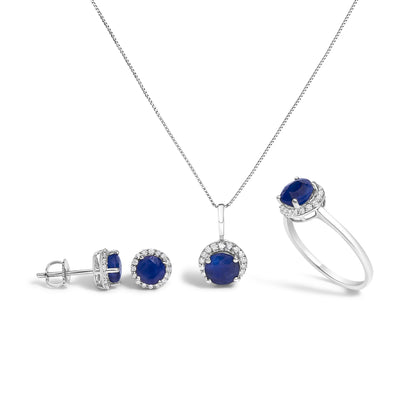 Set of white jewelry including a pair of blue gemstone stud earrings shown from the side and front, a blue gemstone pendant necklace with a round gemstone surrounded by smaller white gemstones, and a ring with a blue gemstone and a halo of smaller white gemstones, all displayed in a straight-on shot on a white background.