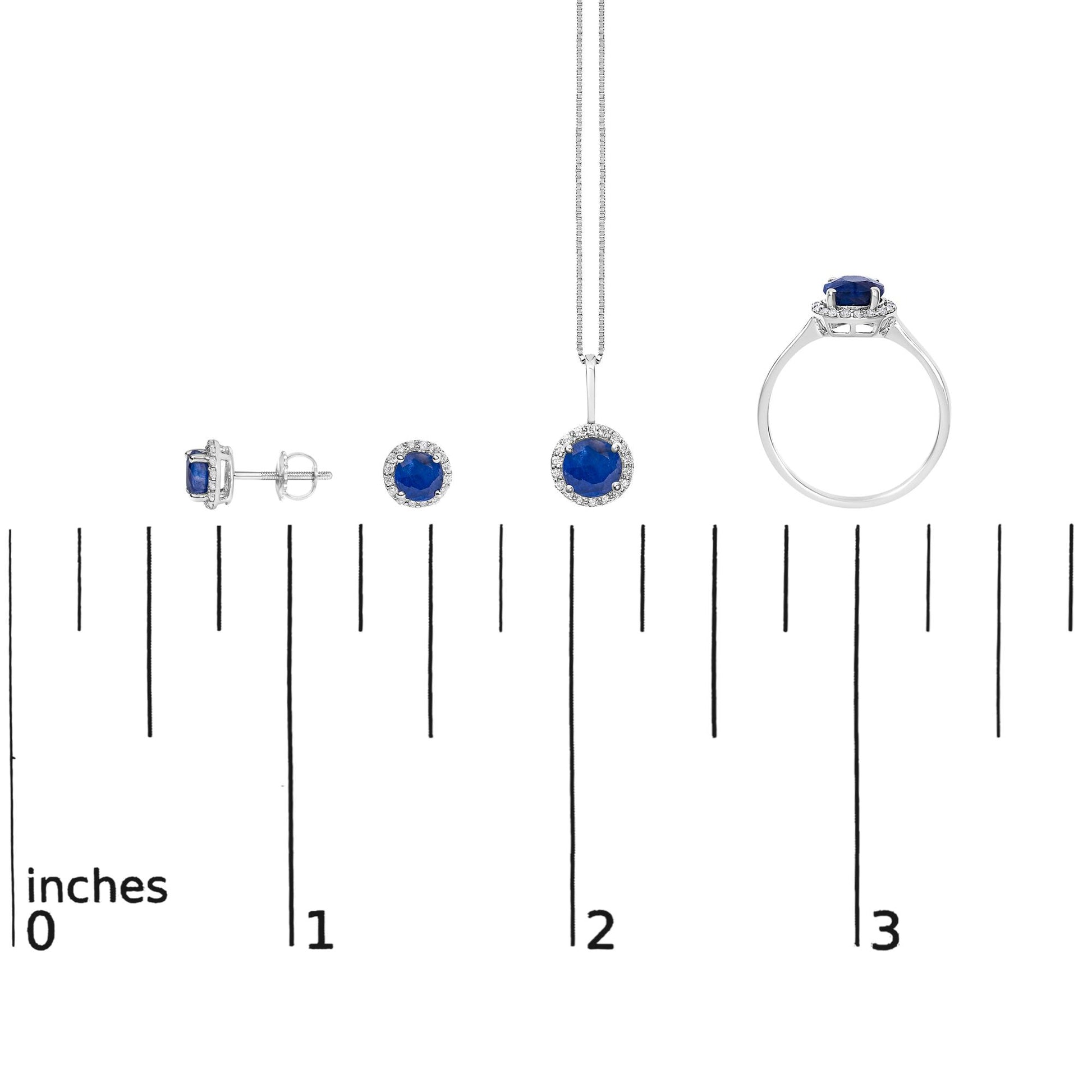 Jewelry set shown on a scale, consisting of stud earrings, a pendant necklace, and a ring, each featuring round blue gemstones surrounded by small white gemstones in shared prong settings, displayed from front, side, and top angles.