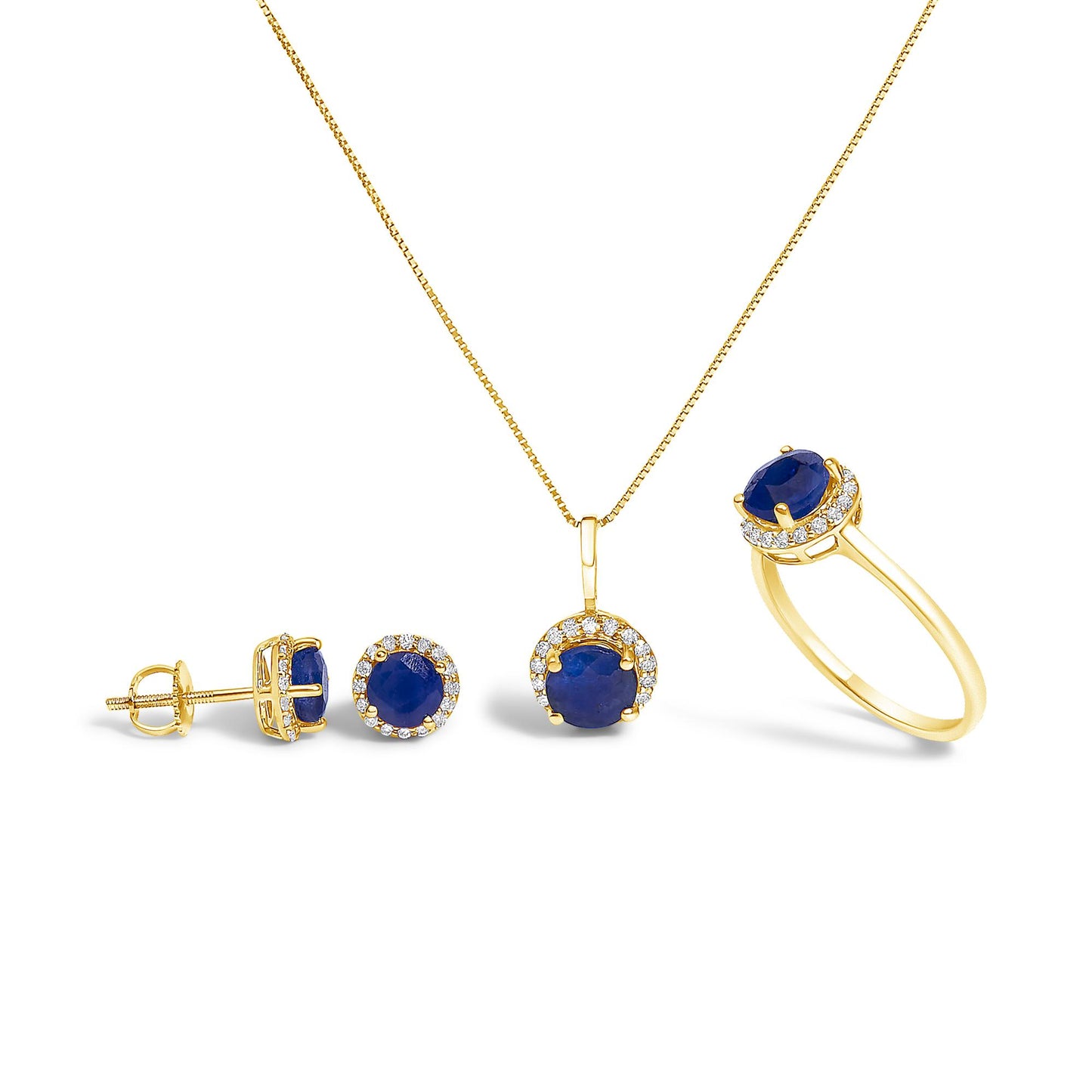 Set of yellow jewelry shown on a white background, including a pair of round blue gemstone stud earrings with surrounding white gemstones, a matching round blue gemstone pendant necklace with white gemstone halo, and a yellow ring with a round blue gemstone and white gemstone halo, photographed from a slightly angled front view.