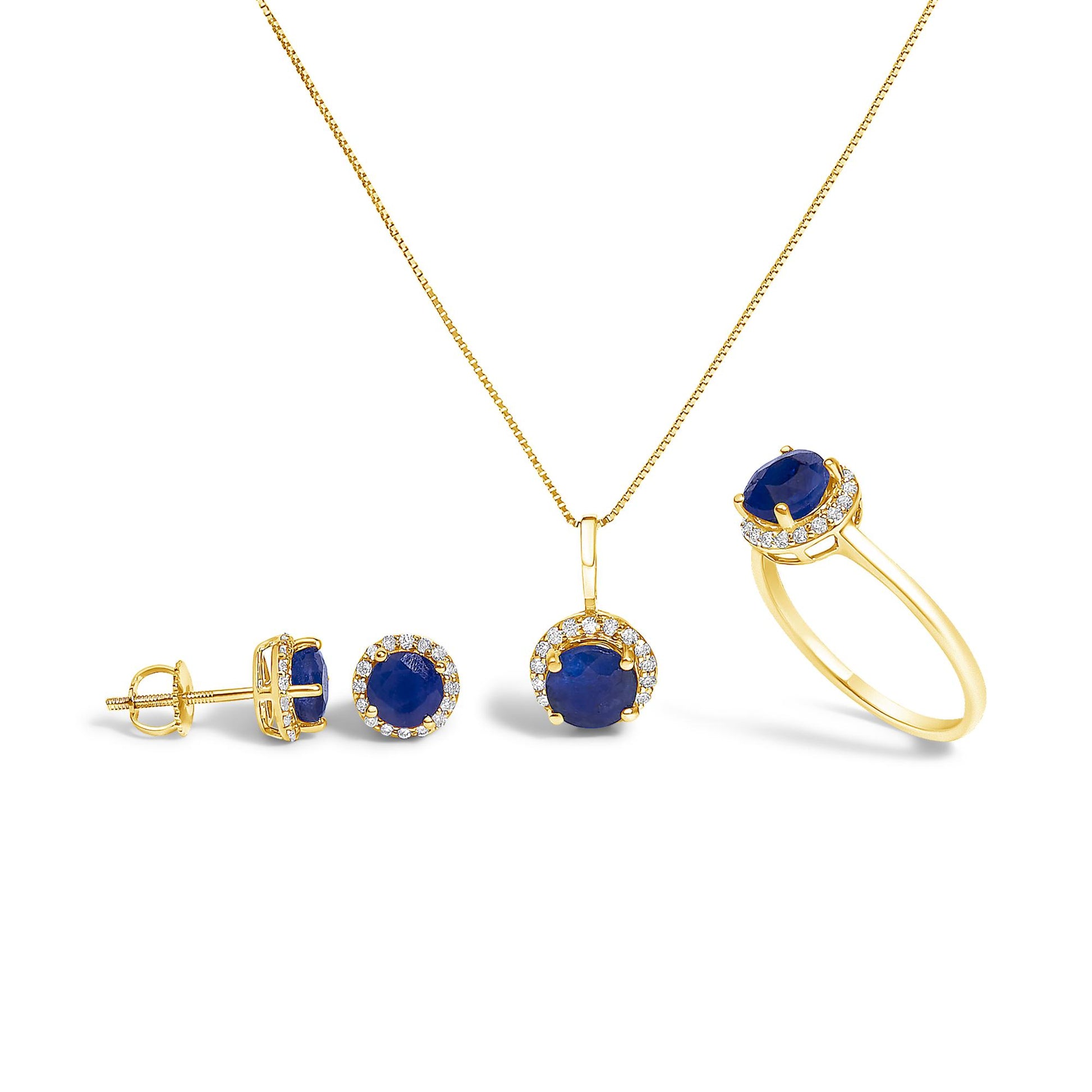 Set of yellow jewelry shown on a white background, including a pair of round blue gemstone stud earrings with surrounding white gemstones, a matching round blue gemstone pendant necklace with white gemstone halo, and a yellow ring with a round blue gemstone and white gemstone halo, photographed from a slightly angled front view.