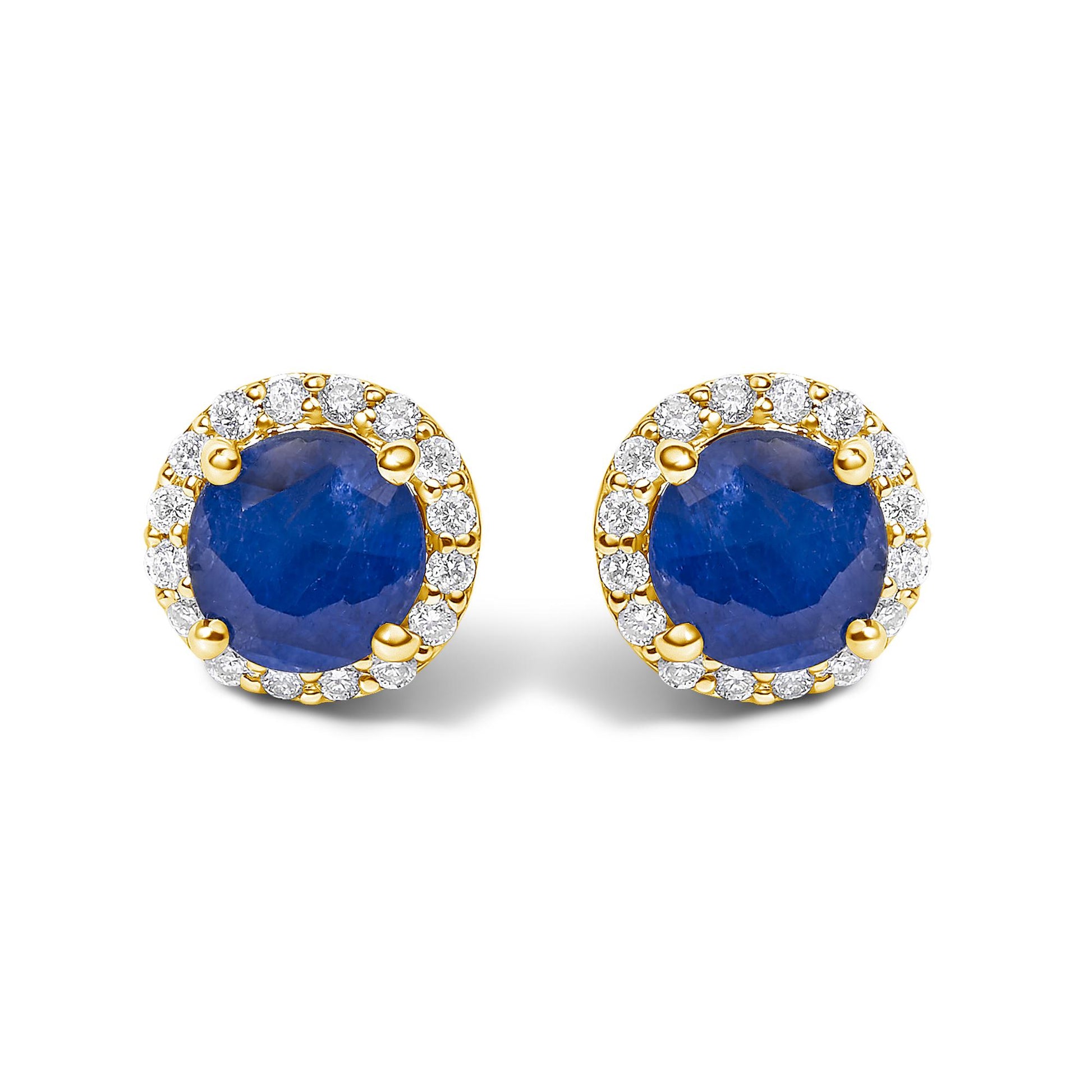 Pair of round stud earrings with large blue gemstones in center surrounded by small white gemstones, shown in a front-facing view on a white background.