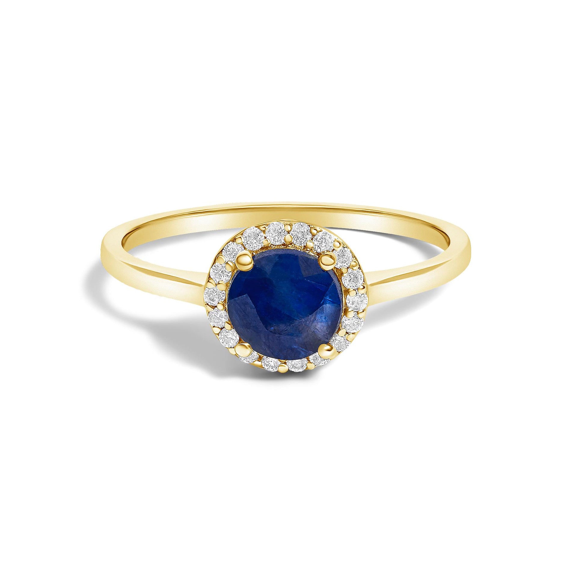 Close-up front view of a yellow metal ring with a round blue gemstone center, surrounded by a halo of small round white gemstones in shared prong setting.