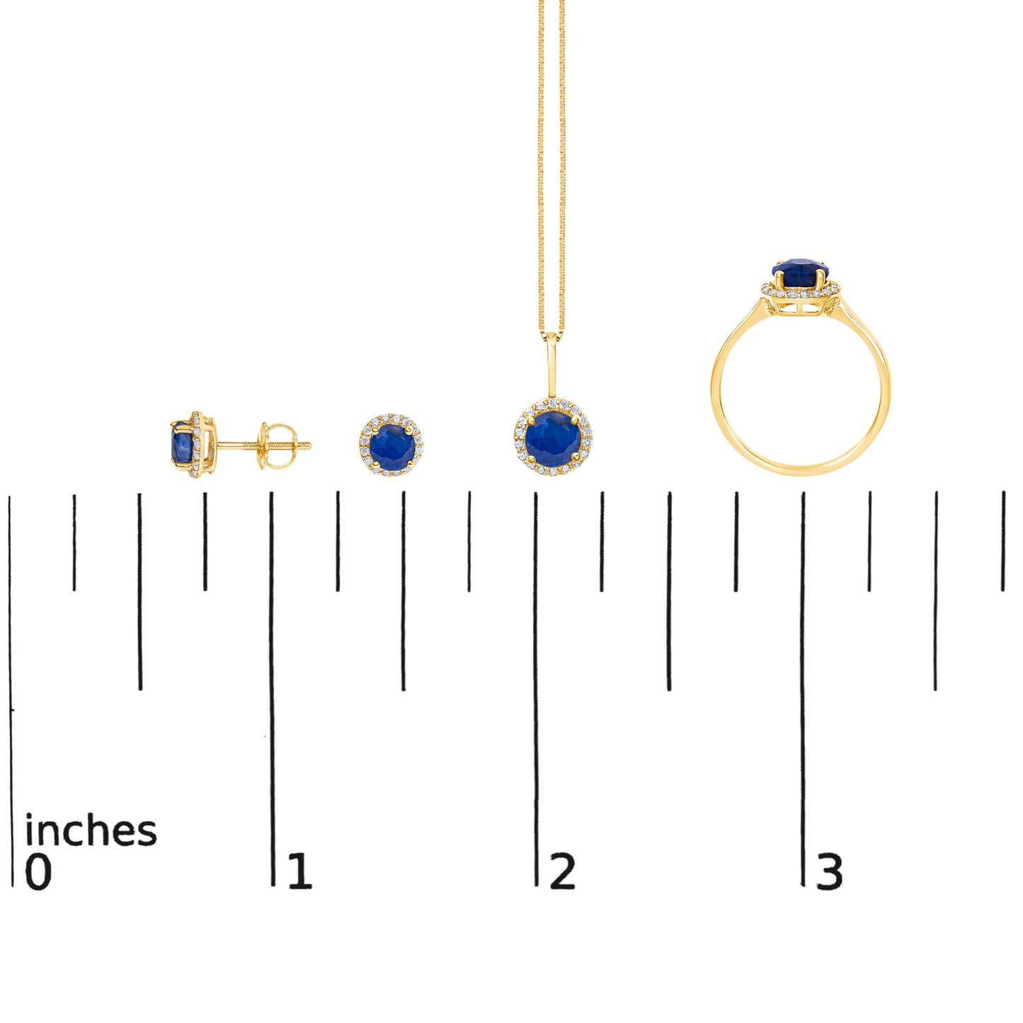 Yellow metal jewelry set with round blue gemstones and white gemstones in shared prong and 4-prong settings, shown on a ruler scale from side and front angles.