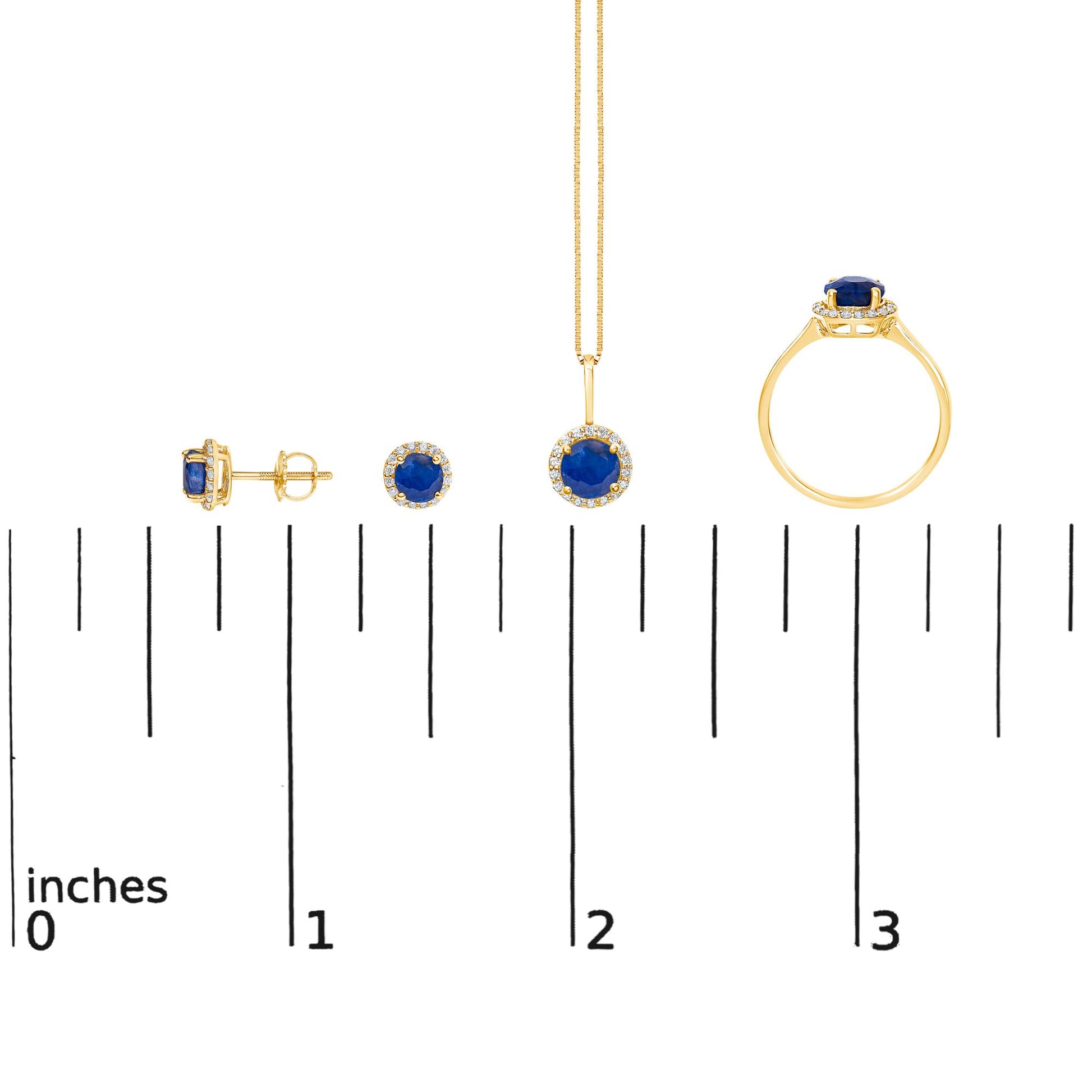 Yellow metal jewelry set with round blue gemstones and white gemstones in shared prong and 4-prong settings, shown on a ruler scale from side and front angles.