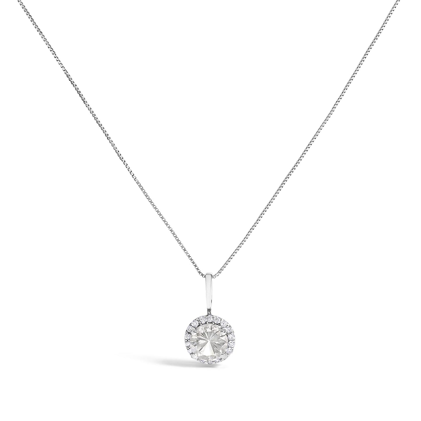 Pendant necklace set with a round white gemstone surrounded by smaller round white gemstones, shown from a front angle on a white background.