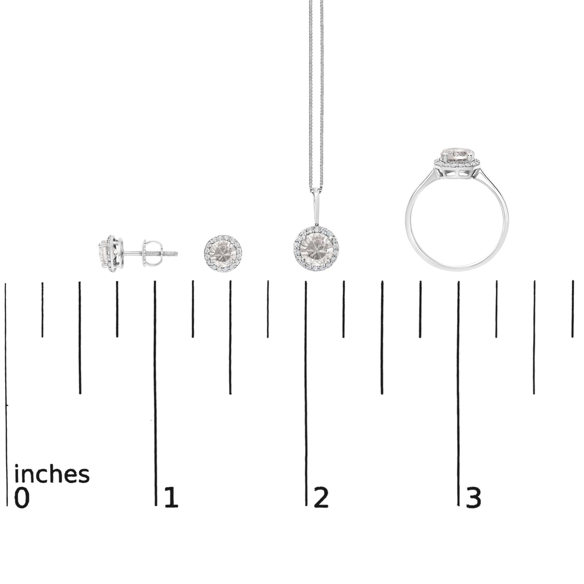 White metal jewelry set shown on a scale, including round white gemstones in shared prong settings: one pair of stud earrings viewed from the front and side, one round pendant necklace hanging vertically, and one ring viewed from the side, all featuring halo-style settings around central round white gemstones.