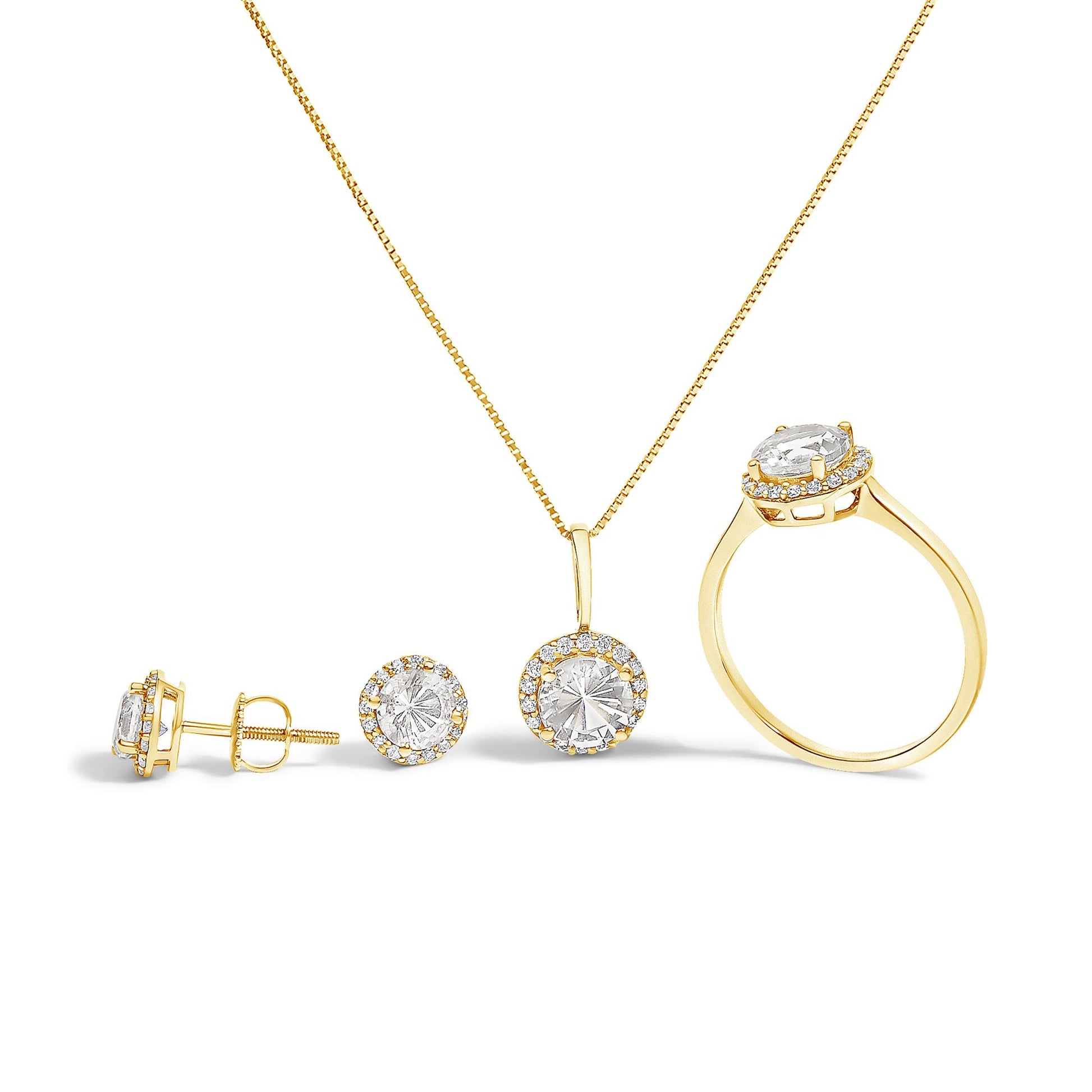 Set of yellow metal jewelry including a necklace with a round white gemstone pendant surrounded by smaller white gemstones, matching round white gemstone stud earrings with a side view of one earring showing a screw back, and a ring with an oval white gemstone center surrounded by small white gemstones, all shown from a front and slightly angled side view on a white background.
