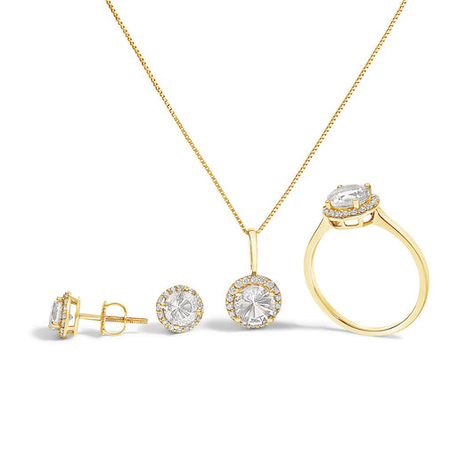 Set of yellow metal jewelry including a necklace with a round white gemstone pendant surrounded by smaller white gemstones, matching round white gemstone stud earrings with a side view of one earring showing a screw back, and a ring with an oval white gemstone center surrounded by small white gemstones, all shown from a front and slightly angled side view on a white background.