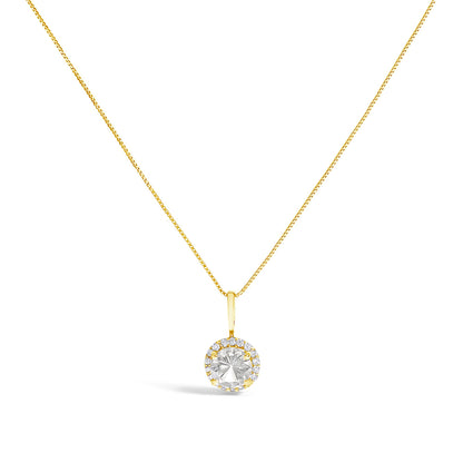 Close-up front view of a yellow metal necklace set featuring a round white gemstone pendant surrounded by small round white gemstones in a shared prong setting.