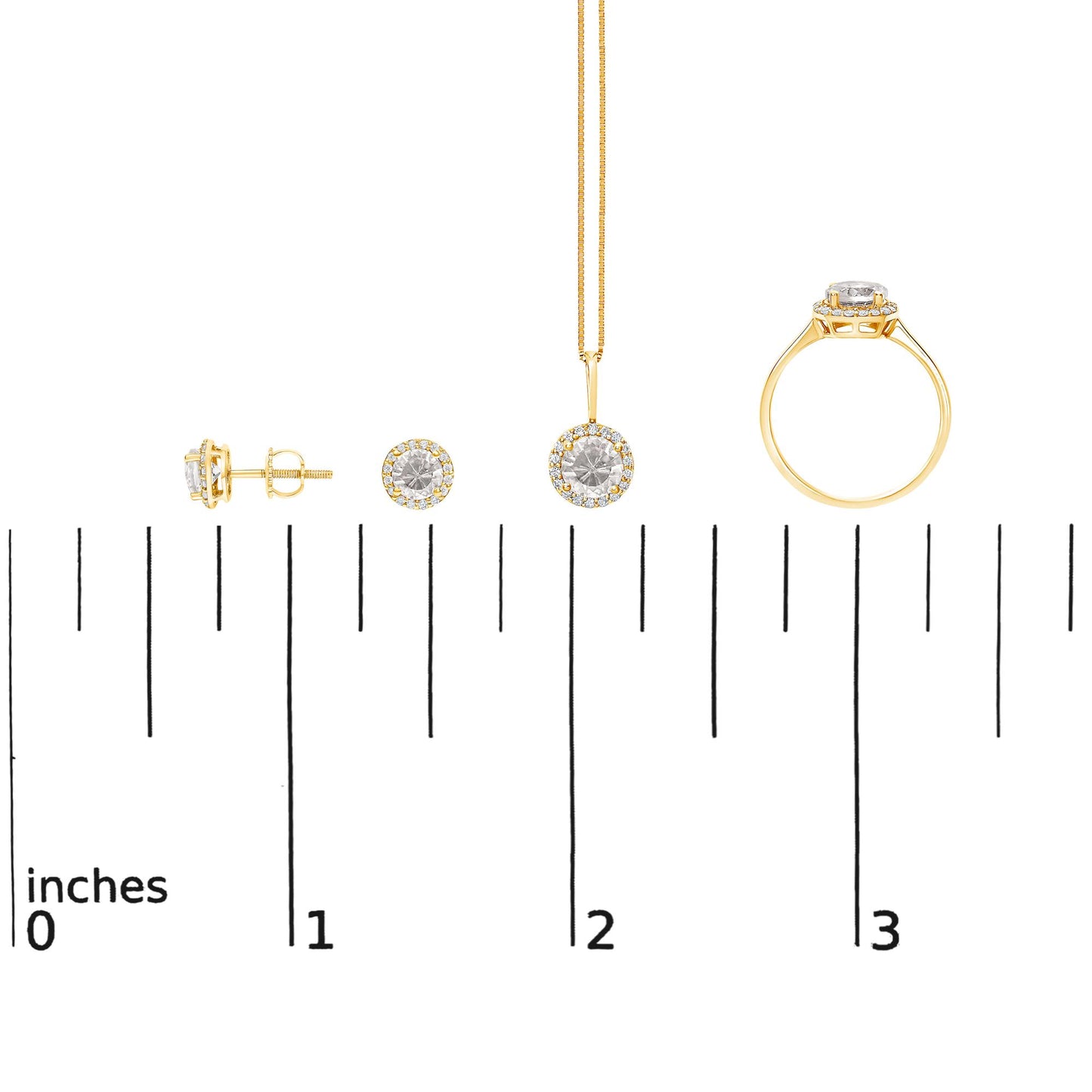 Yellow metal jewelry set shown on a scale, includes round stud earrings, a pendant necklace, and a ring, each featuring a central round white gemstone surrounded by smaller round white gemstones. The shot is from the front and side angles.